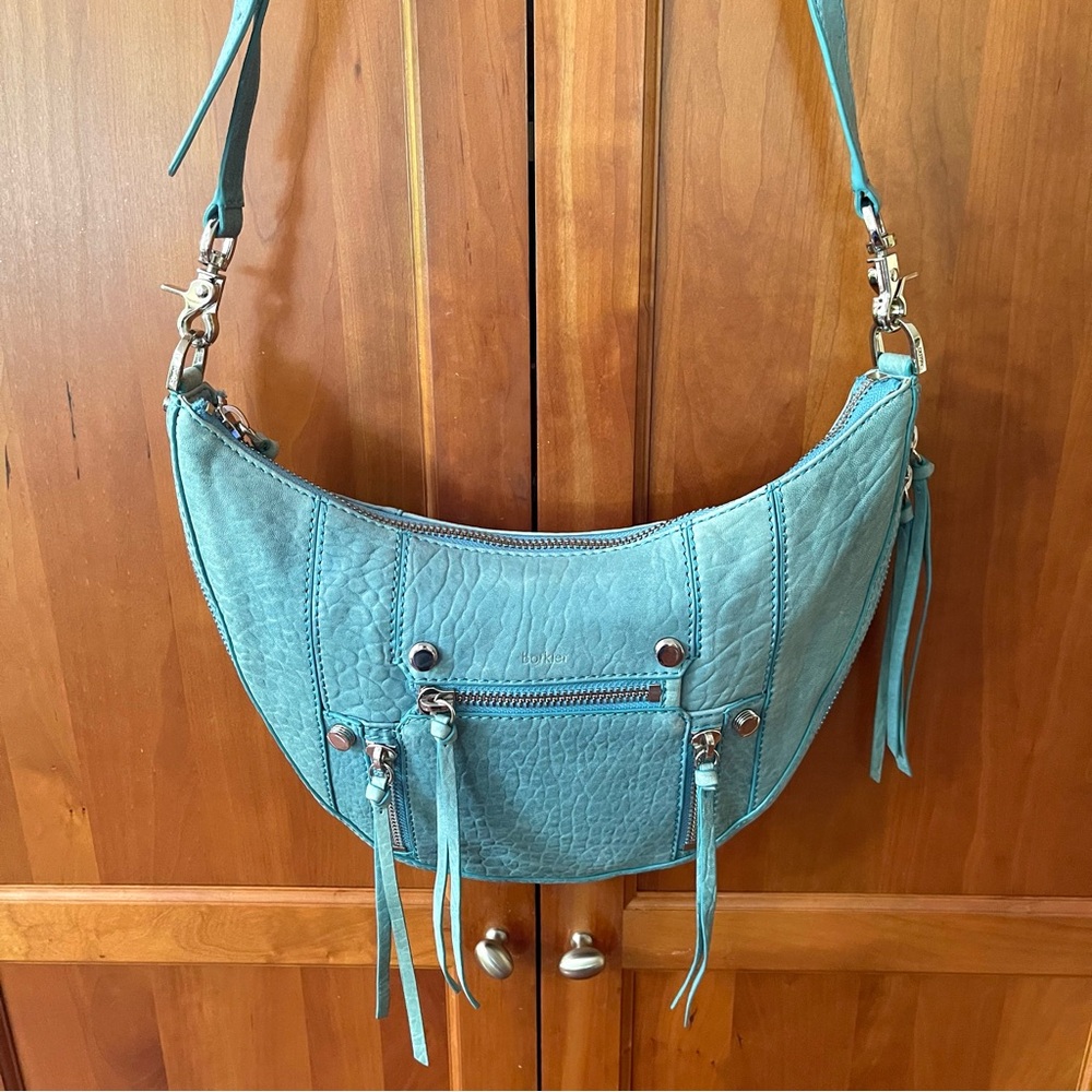 Botkier Croc Embossed Leather Crossbody Bag With Tassels In Light Blue Color - Picture 10 of 10